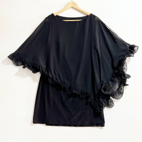 XSCAPE Black Ruffle edge sheer cape mini dress . - Picture 12 of 13